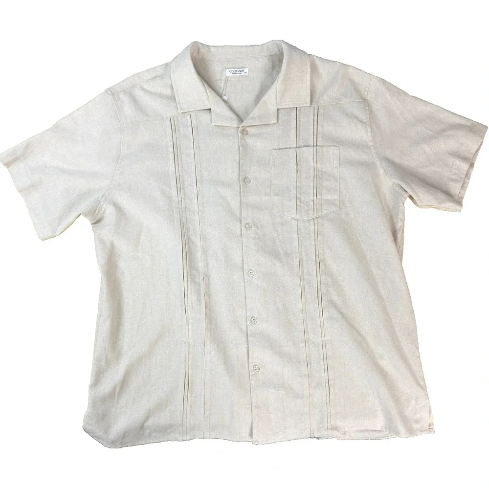 NEW COOFANDY Men's XXL Guayabera Shirt‎ Tan Linen Blend Short Sleeve Cuban Beach